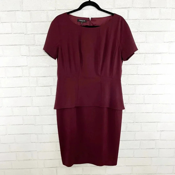 Lafayette 148 Maroon Peplum Layered Look Wool Blend Retro Dress Women's Size 10 - Picture 2 of 8